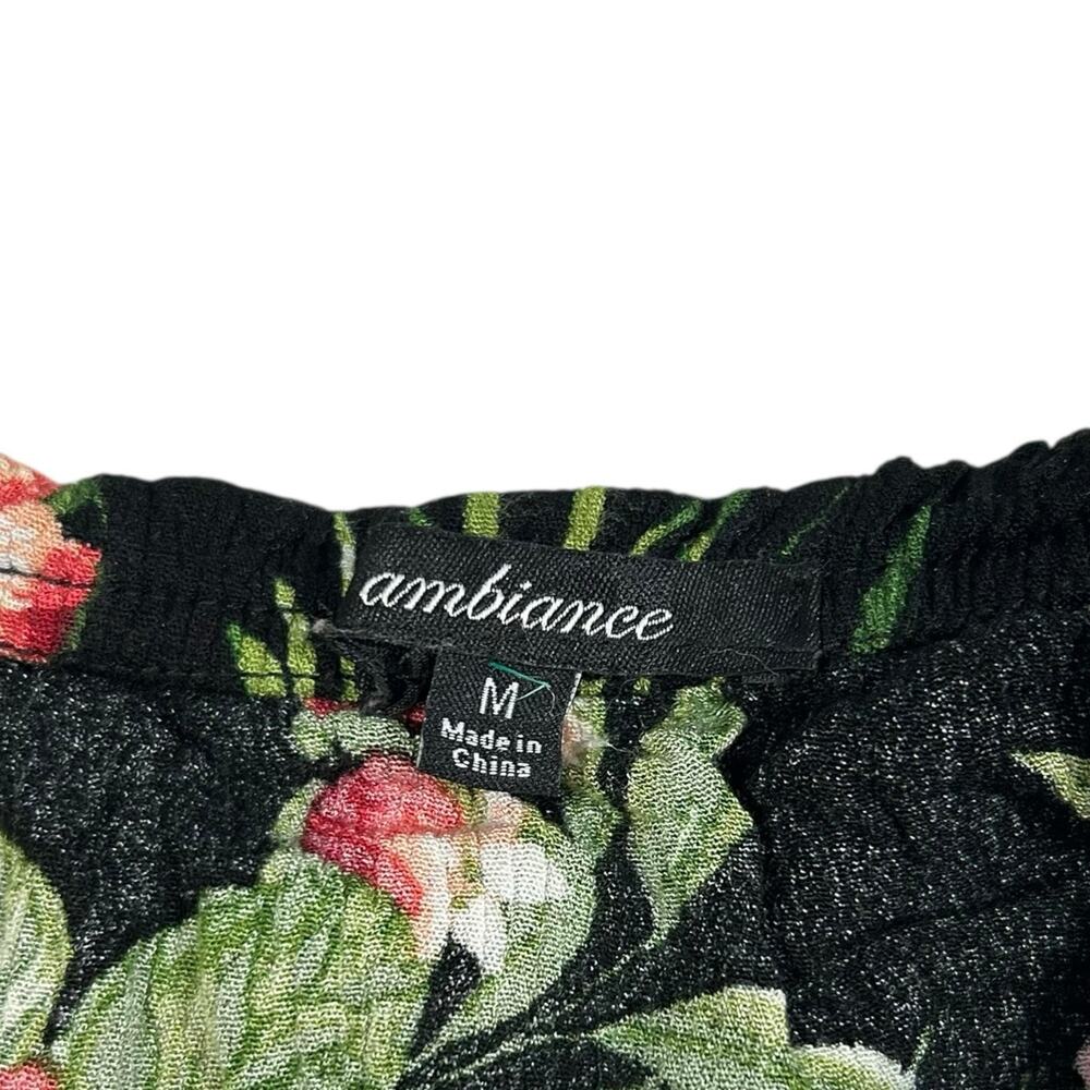 Ambiance Womens Crop Top Black Tropical Floral Off Shoulder Ruffle Pom Trim Sz M - Picture 4 of 7